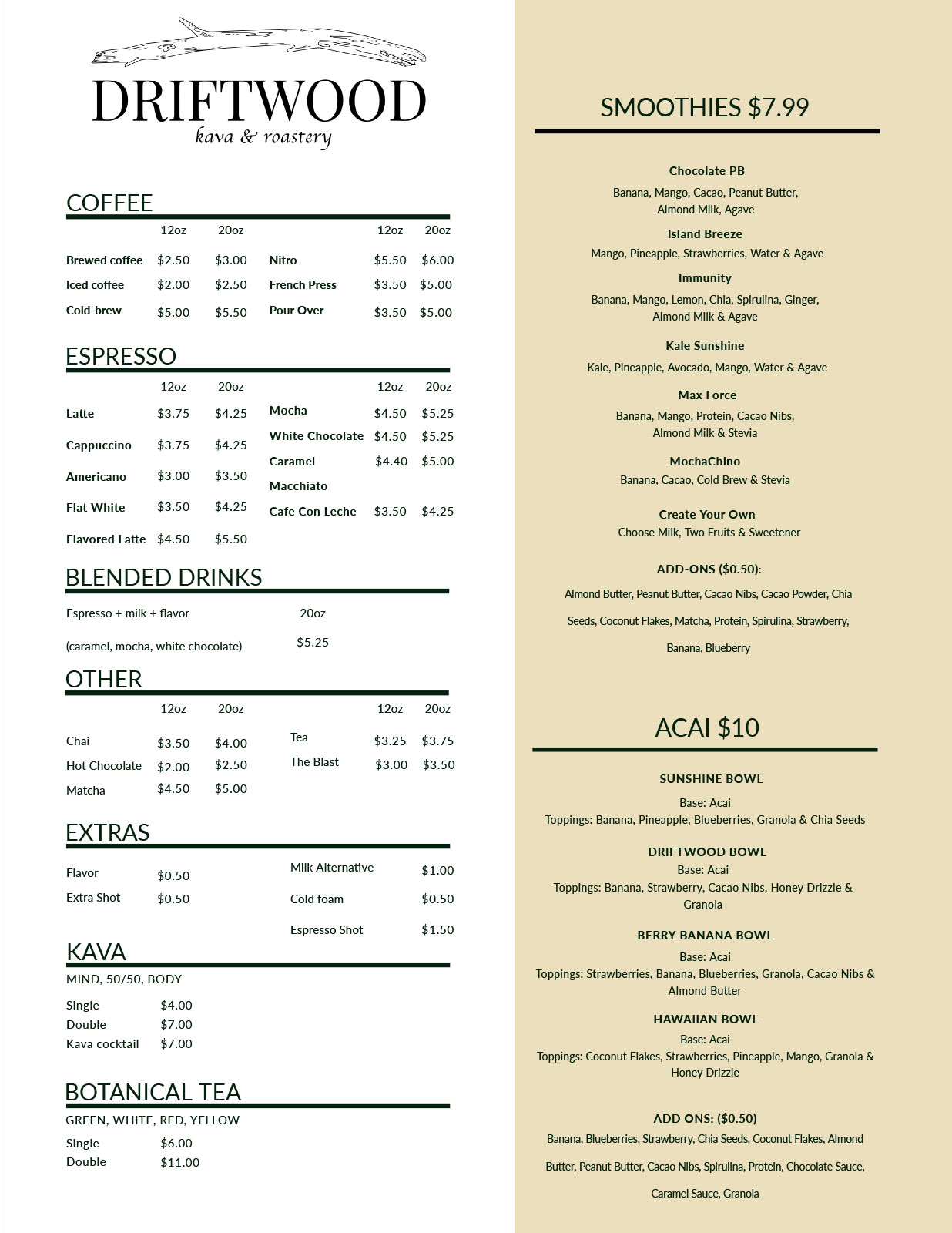 Our Menu Driftwood Kava & Coffee Roastery